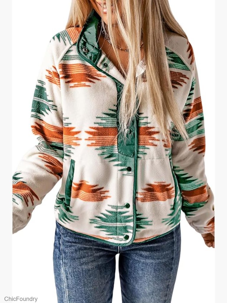 Western Aztec Print Fleece Shacket With Pockets